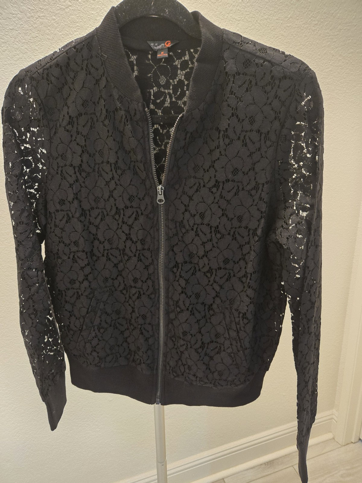 G By Guess M Black Floral Lace Full Zip Bomber Jacket Women Ribbed Trim