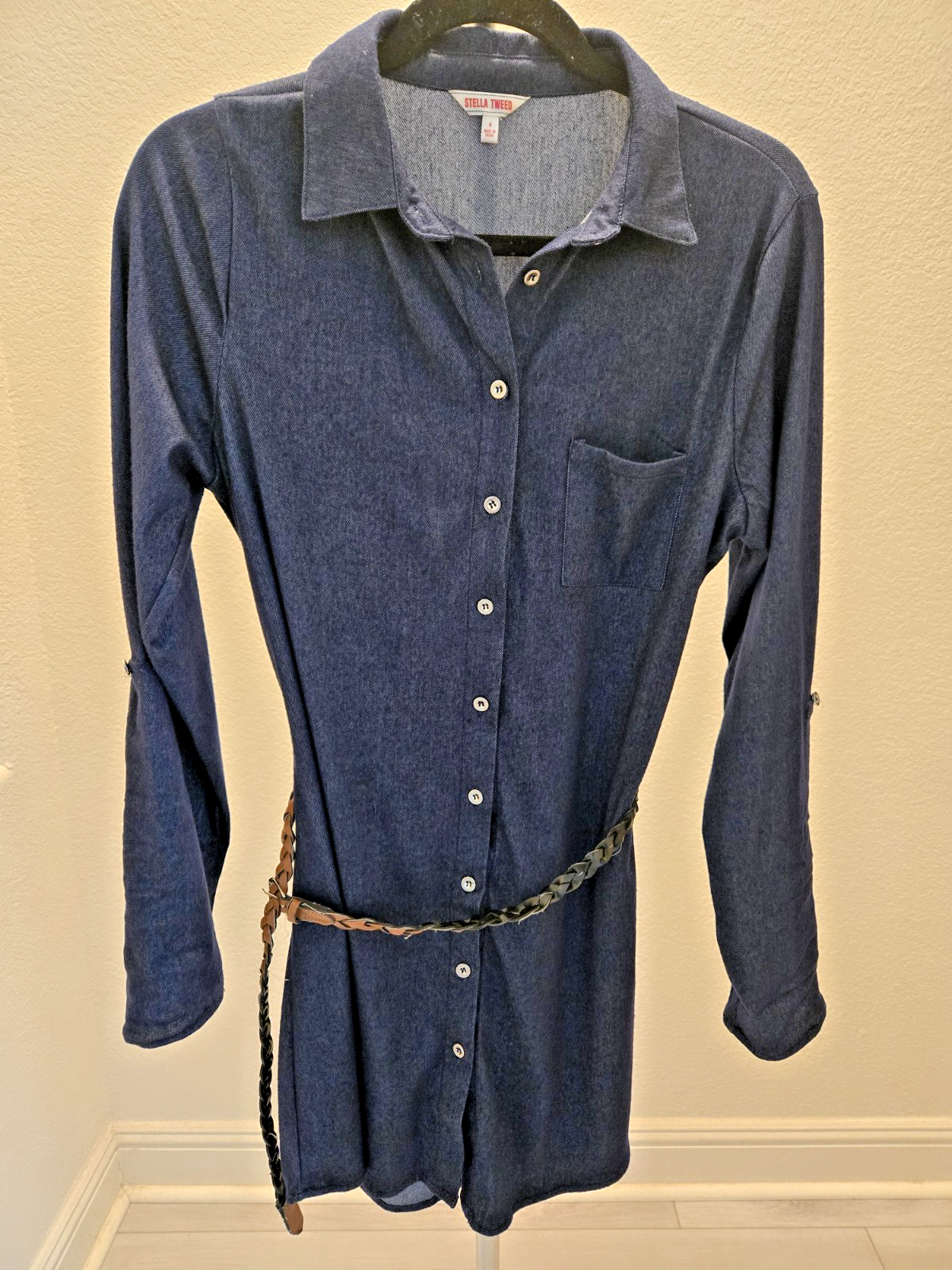 Stella Tweed Denim Shirt Dress M Womens Dark Wash Roll Tab Sleeve Belted Button