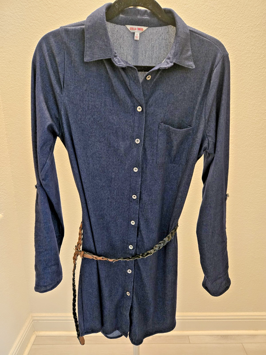 Stella Tweed Denim Shirt Dress M Womens Dark Wash Roll Tab Sleeve Belted Button