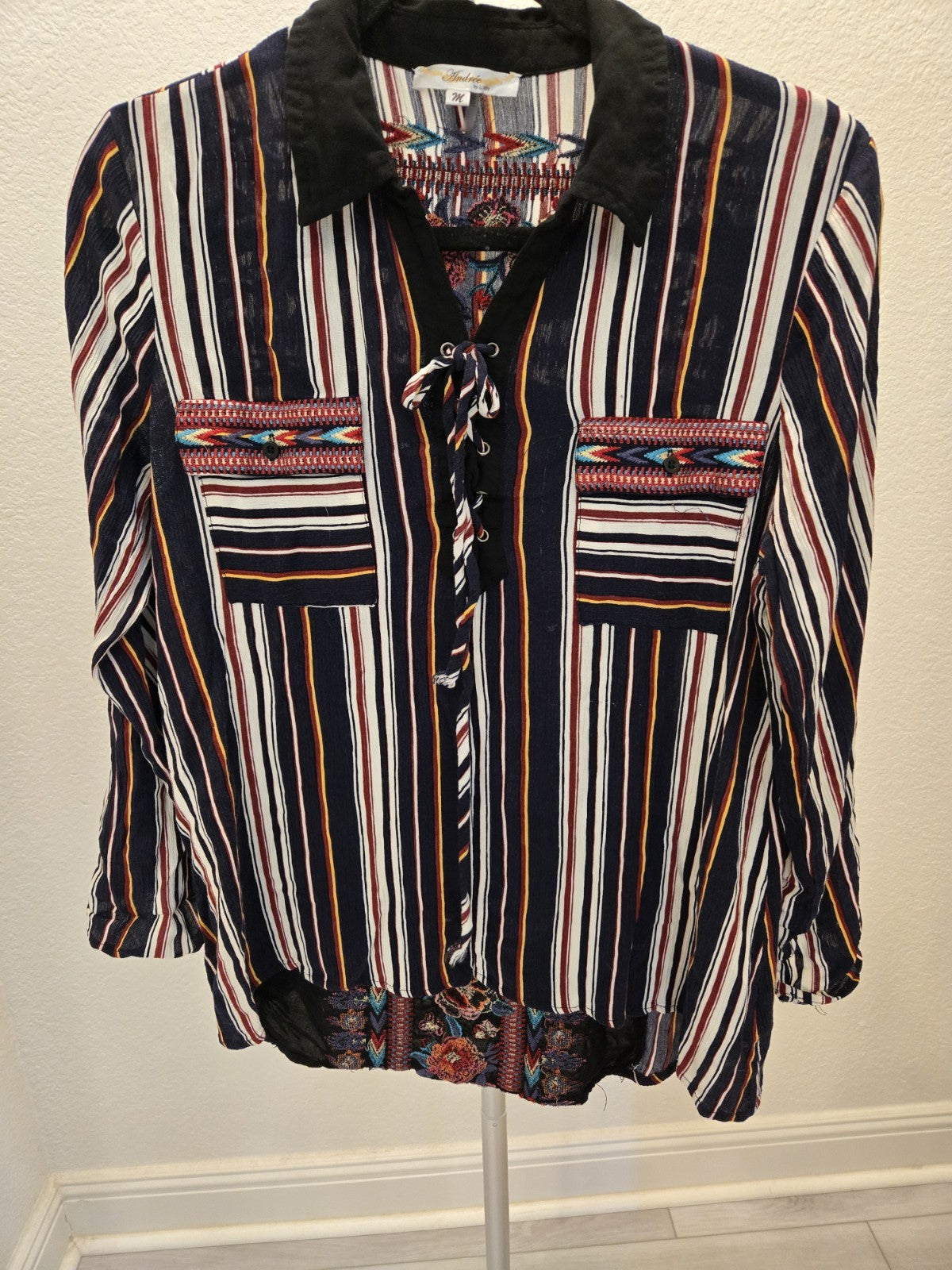 Andree by Unit Western Boho Embroidered Lace Up M Striped Blouse