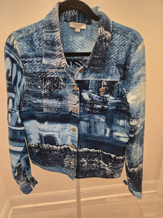 Orientique US 5 Denim Trucker Jacket Womens Abstract Art Landscape Print Blue