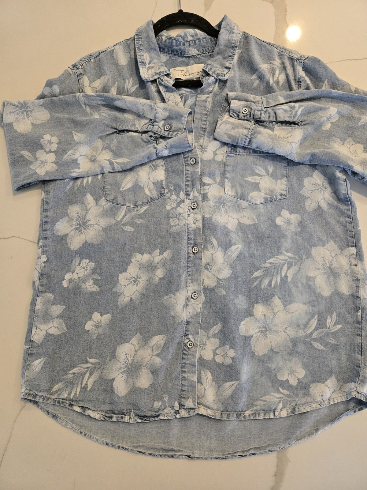 Vintage Havana M Bleached Tropical Denim Look Button Down 100% Lyocell Top