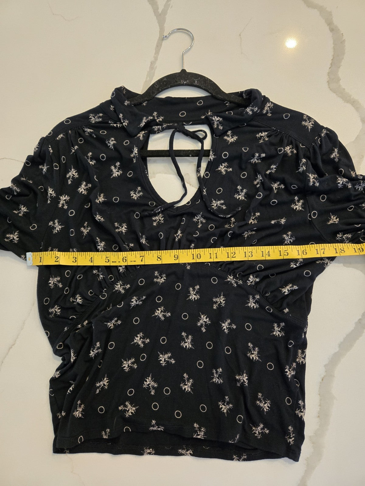 Free People Large Black Floral Circle Keyhole Tie Neck Ruffle Ruched Unique Top