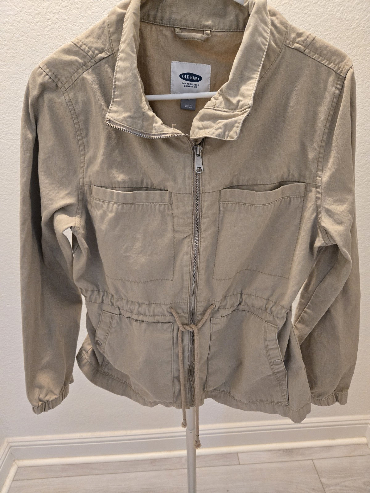Old Navy Womens Large Khaki Utility Military Zip Snap Jacket Cotton Cinch Waist