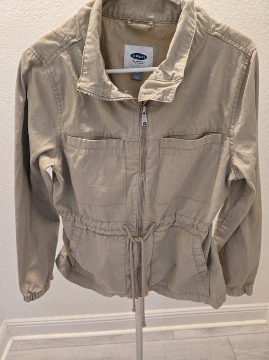 Old Navy Womens Large Khaki Utility Military Zip Snap Jacket Cotton Cinch Waist