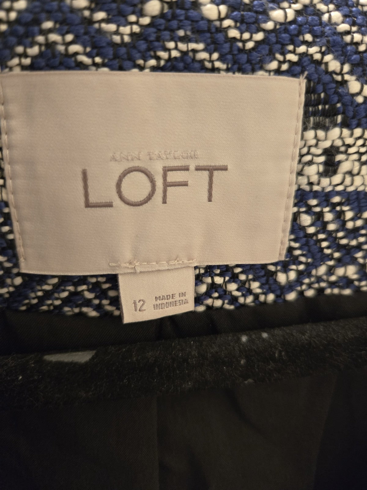 Loft Size 12 Blue White Geometric Woven Tweed Zip Jacket Fringe Trim Women's