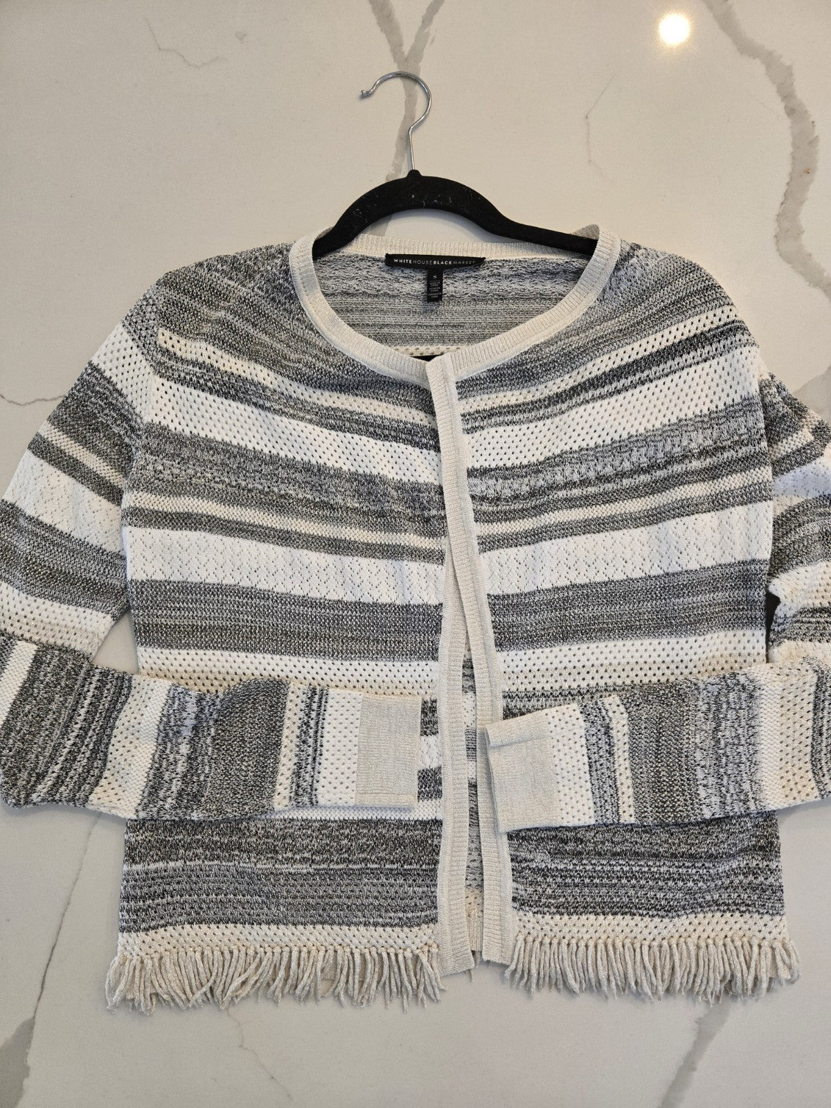 White House Black Market S Gray Striped Open Knit Metallic Fringe Cardigan