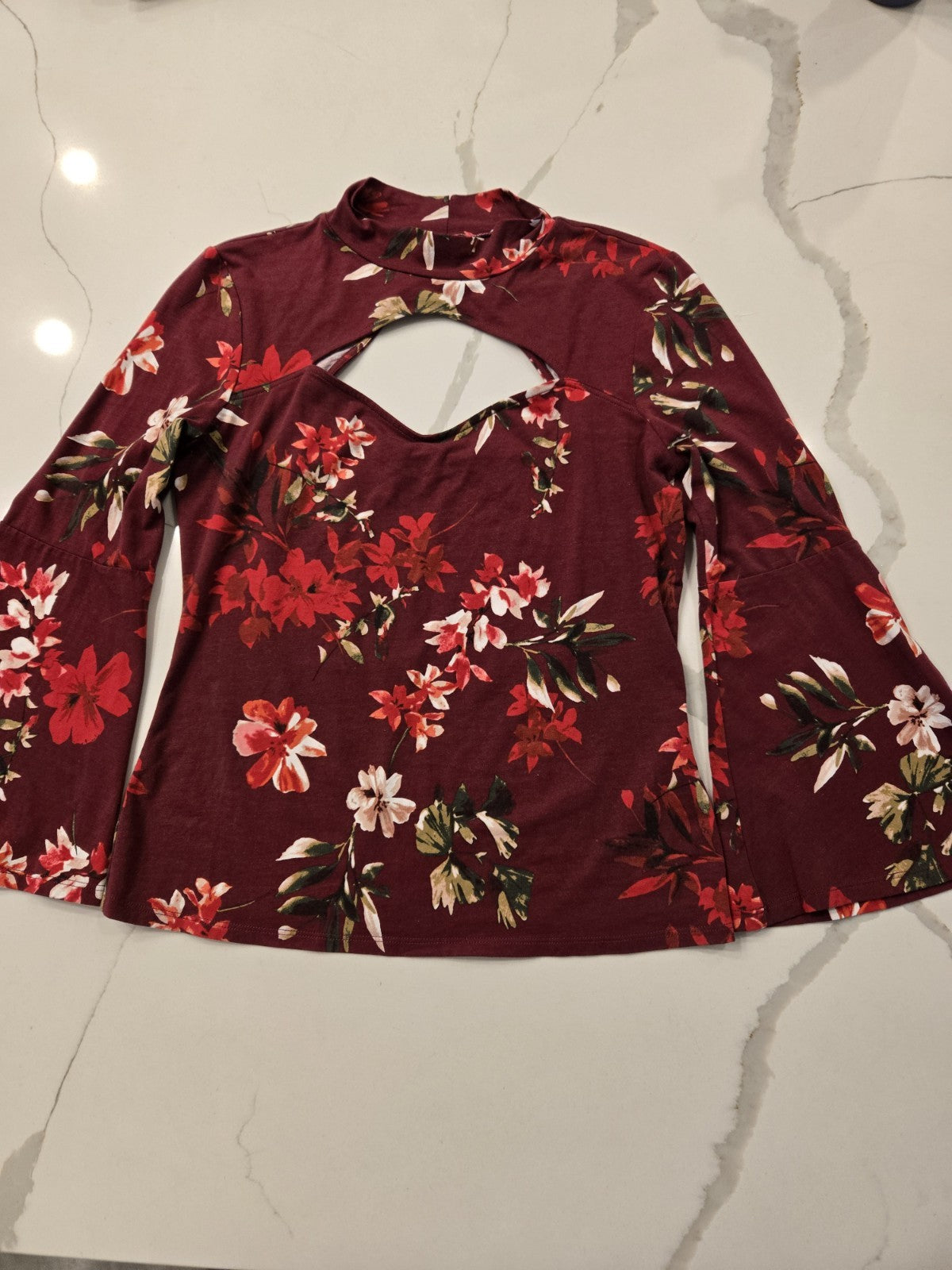 GUESS Los Angeles Large Floral Lilou Cutout Bell Sleeve Top Burgundy Mock Neck