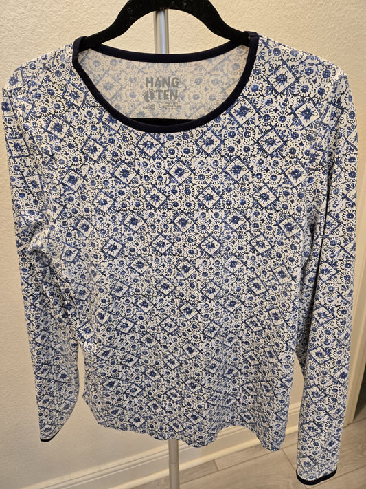 Hang Ten Large Blue White Mosaic Tile Long Sleeve Sun Shirt Back Zip Pocket L