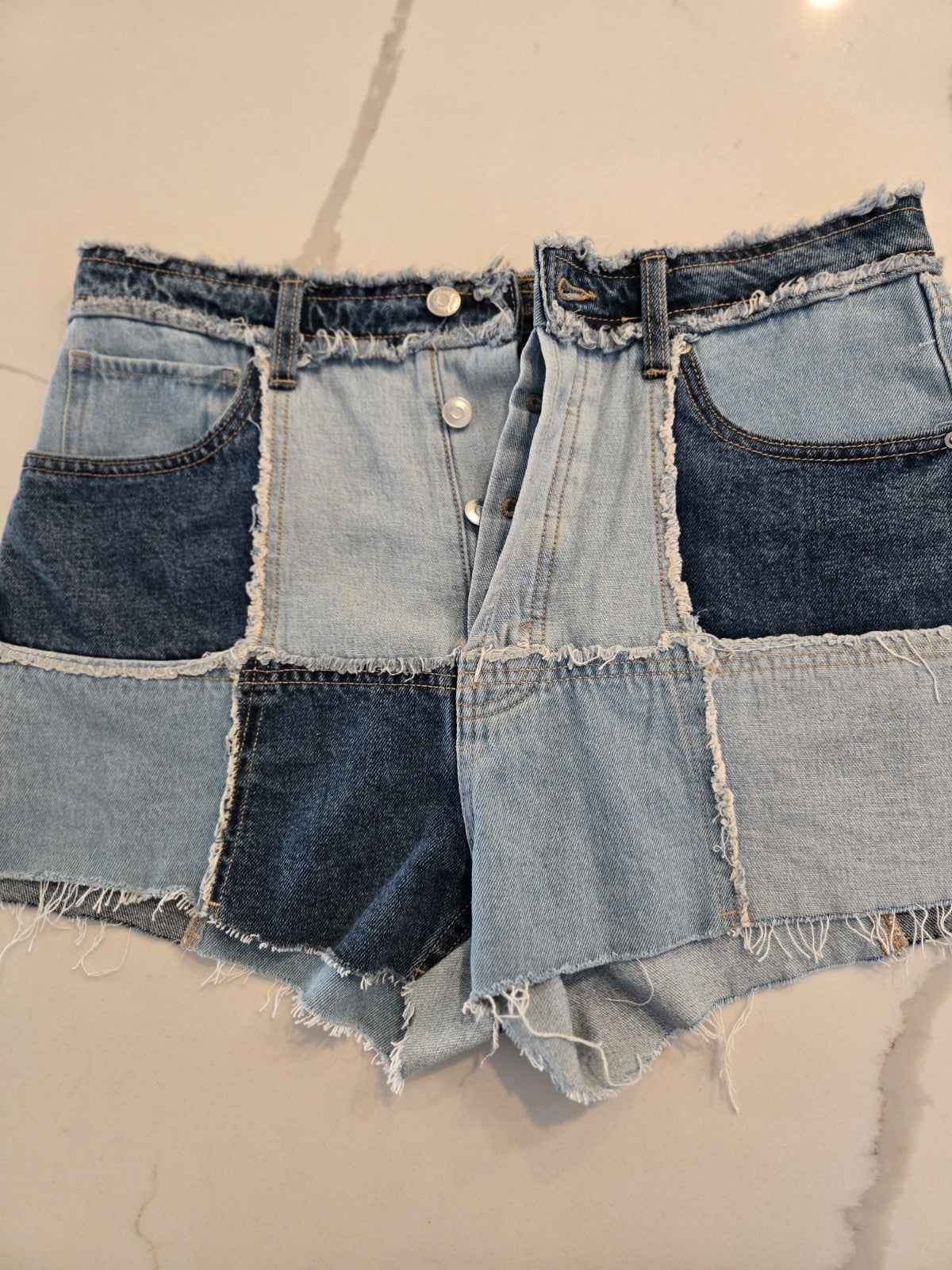Wild Fable 10 Patchwork Denim Shorts Womens High Rise Frayed Raw Hem Blue Jean