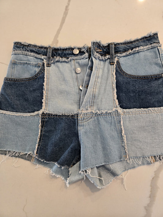 Wild Fable 10 Patchwork Denim Shorts Womens High Rise Frayed Raw Hem Blue Jean