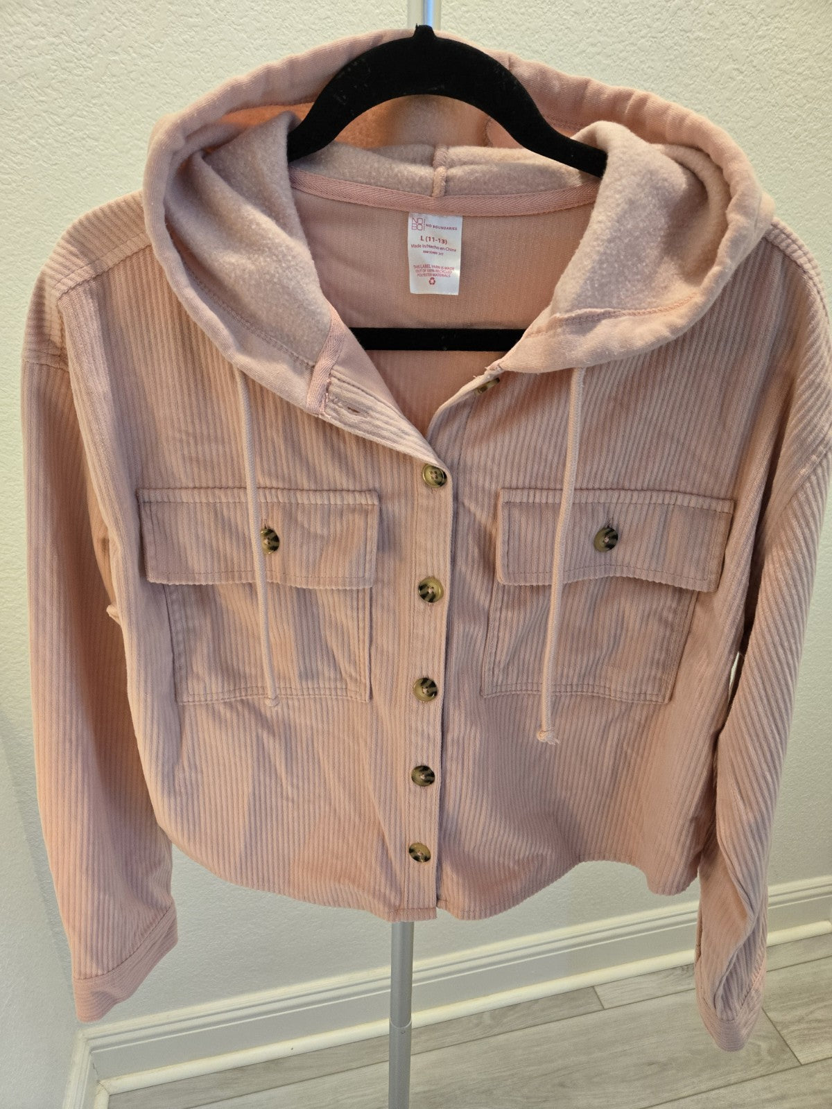 No Boundaries Women's Juniors L Pink Corduroy Hooded Cropped Jacket Y2K Shacket