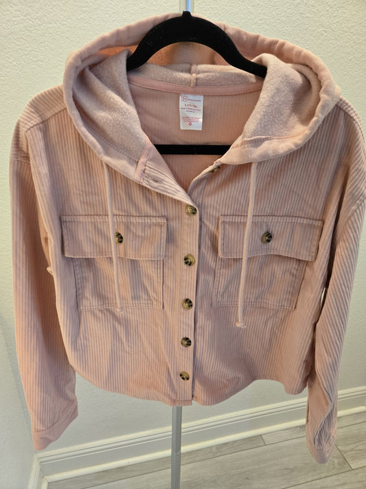 No Boundaries Women's Juniors L Pink Corduroy Hooded Cropped Jacket Y2K Shacket