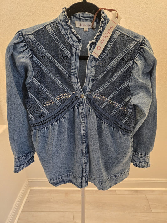 Solitaire Small NWT Lace Crochet Acid Wash Denim Blouse Top Jacket Women's