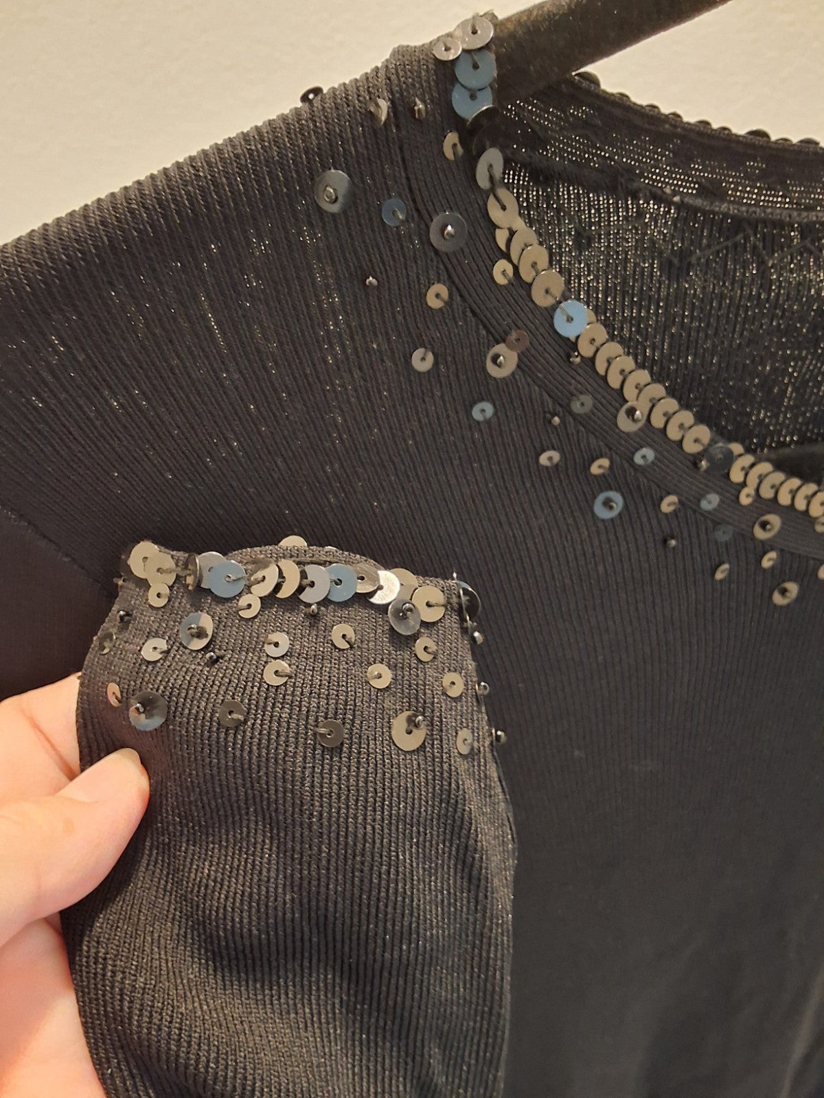 FINITY Size M Vintage Black 3/4 Sleeve Stretchy Top Sequin Neckline Womens Glam