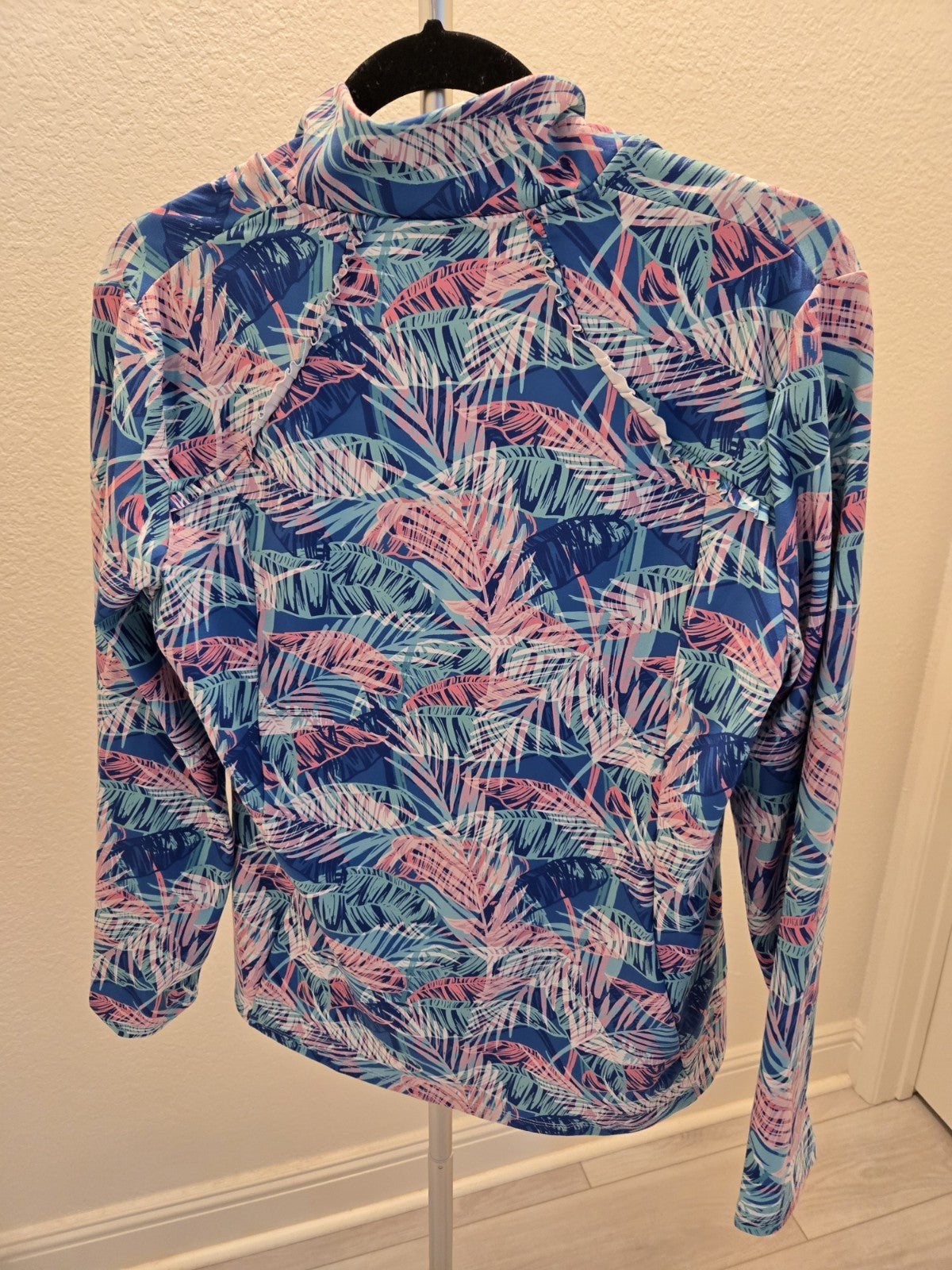 Kyodan Golf XL Blue Pink Tropical Palm Print Long Sleeve V Neck Pullover Women
