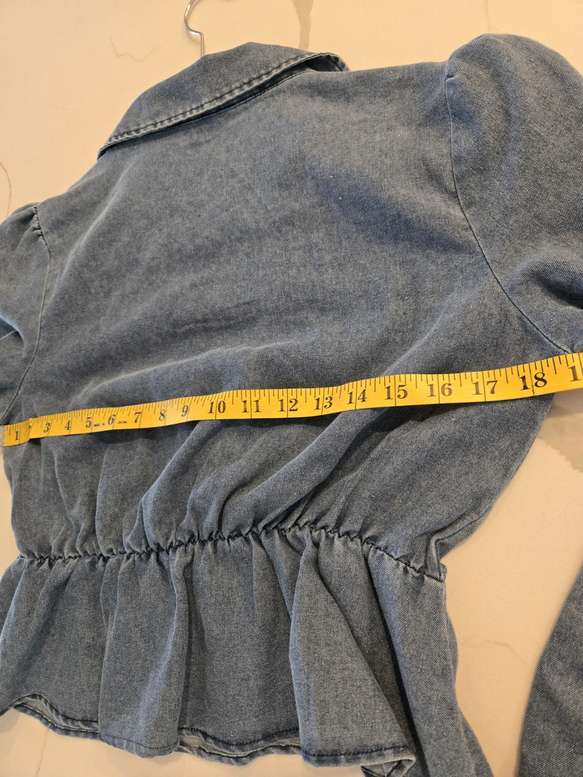 Idem Ditto S Tie Front Crop Denim Top Womens Long Puff Sleeve Peplum Blue