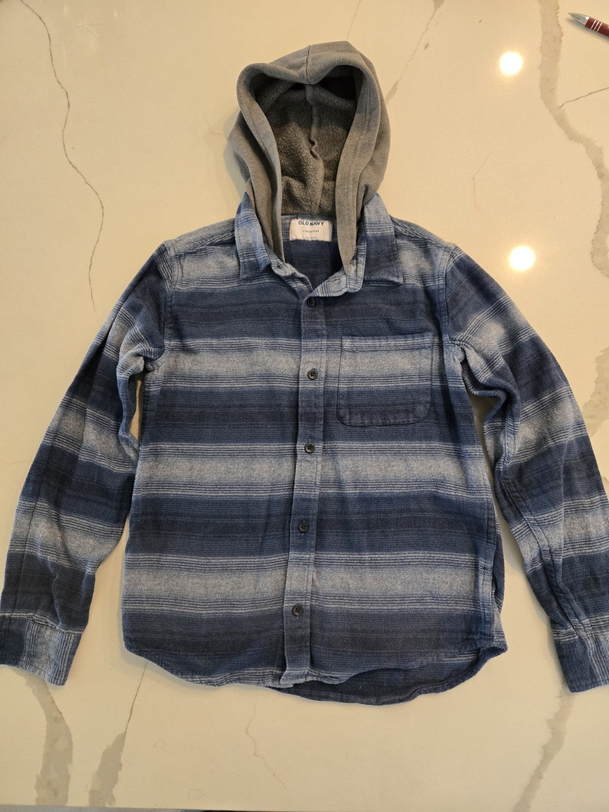 Old Navy L 10-12 Plus Striped Hooded Flannel Shirt Kids Blue Plaid Shacket