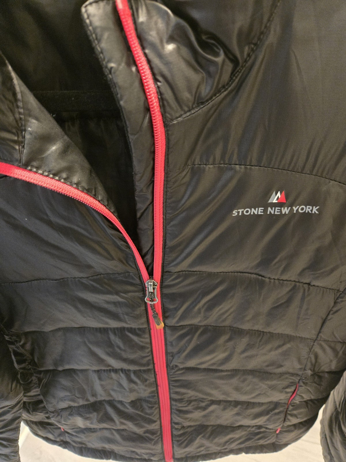 Stone New York M Puffer Jacket Womens Black Pink Trim Full Zip Lightweight Coat