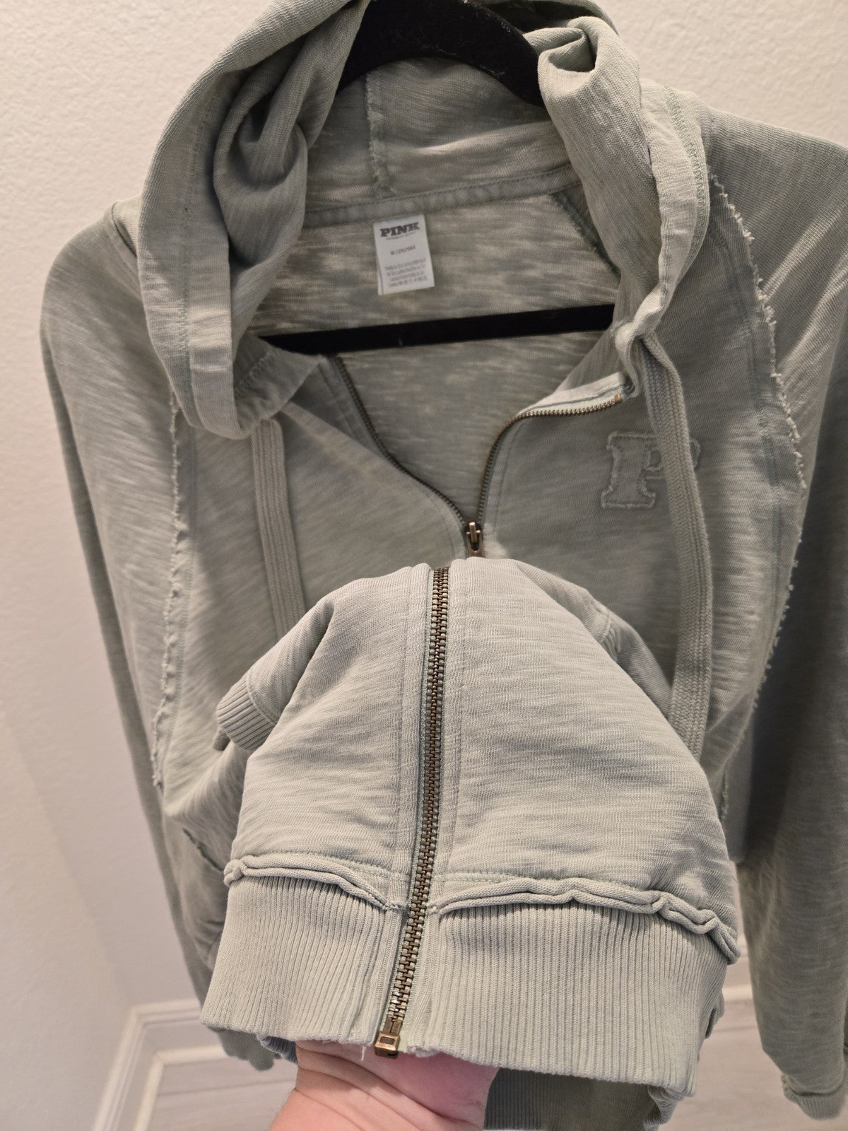 PINK Victoria Secret M Sage Green Distressed Zip Up Hoodie Raw Seam Y2K