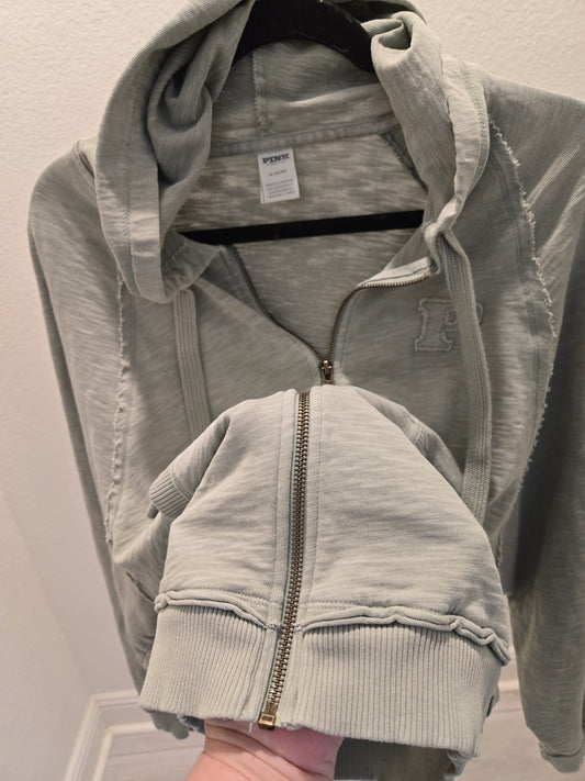 PINK Victoria Secret M Sage Green Distressed Zip Up Hoodie Raw Seam Y2K
