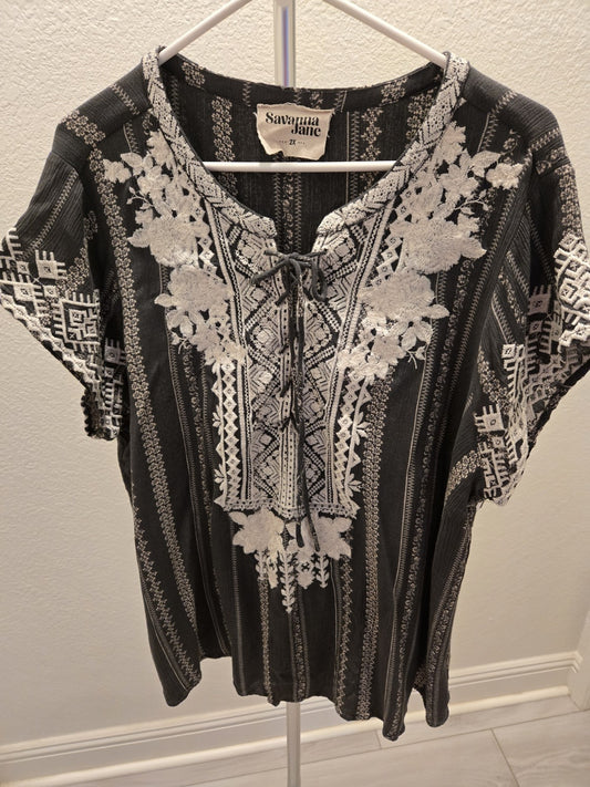 Savanna Jane 2X Charcoal Black Embroidered Lace Up Peasant Blouse Top Women