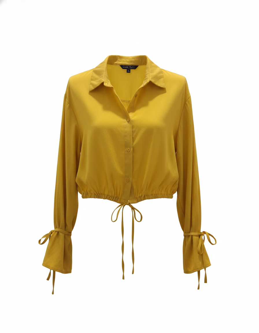Shein Cropped Long Sleeve S Yellow Tie Sleeves Draw String Button Up Blouse
