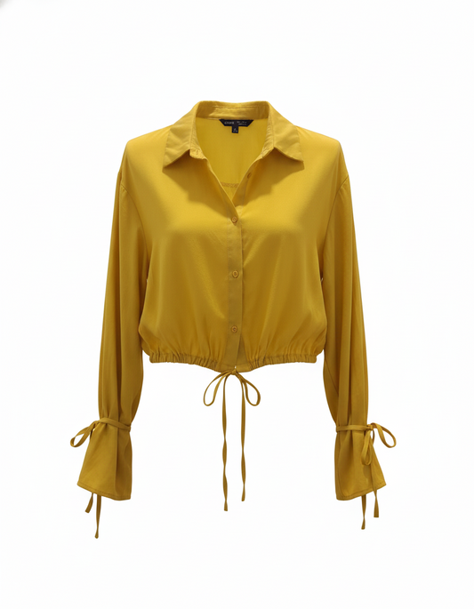 Shein Cropped Long Sleeve S Yellow Tie Sleeves Draw String Button Up Blouse