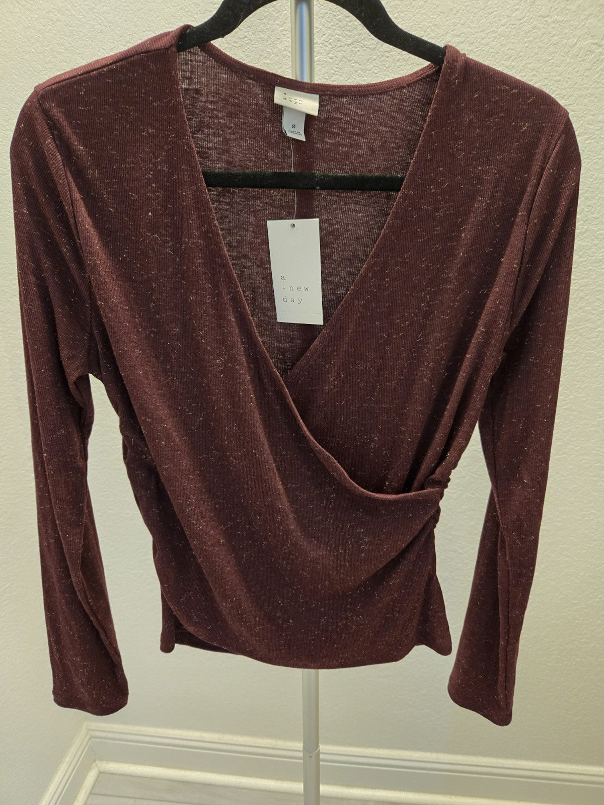A New Day NWT Small Burgundy Glitter Wrap Top Metallic Ribbed Ruched Wine $20