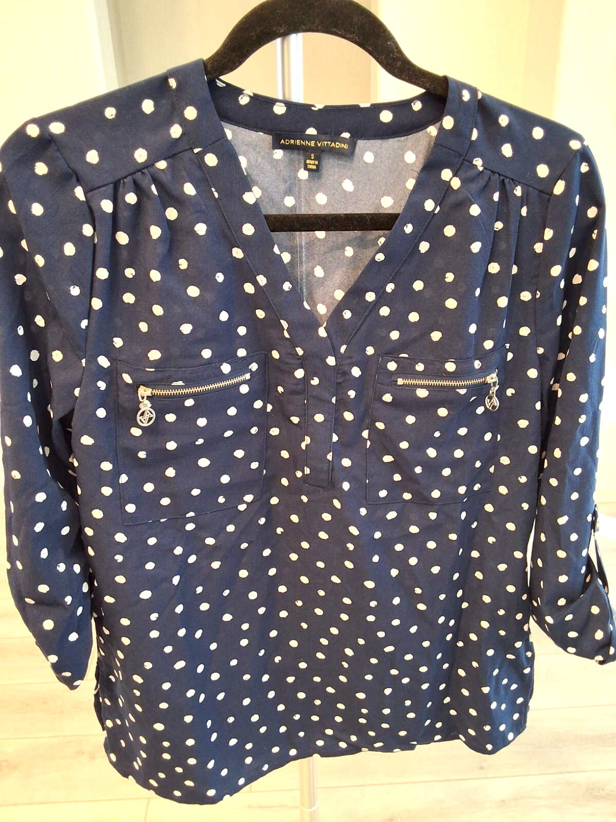 Adrienne Vittadini  Womens Blue & White Polka Dot 3/4 Zip Pockets Size S