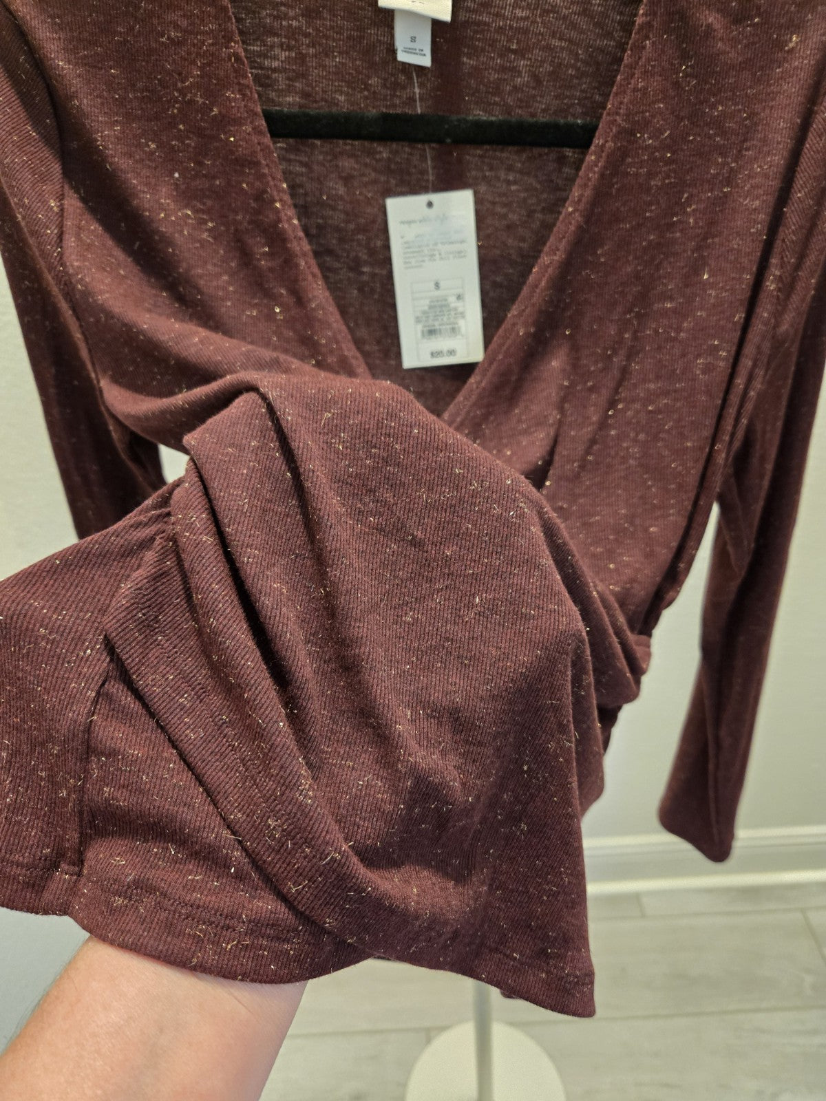 A New Day NWT Small Burgundy Glitter Wrap Top Metallic Ribbed Ruched Wine $20