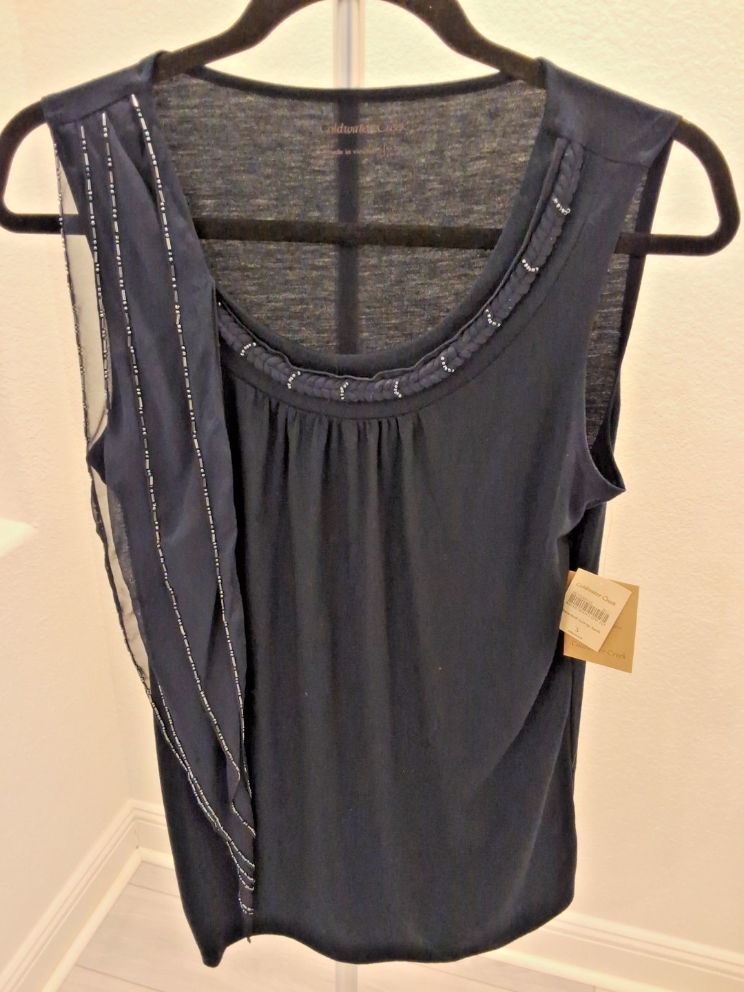Coldwater Creek Small NWT Blue Sleeveless Braided Embellished Neck Womens Top