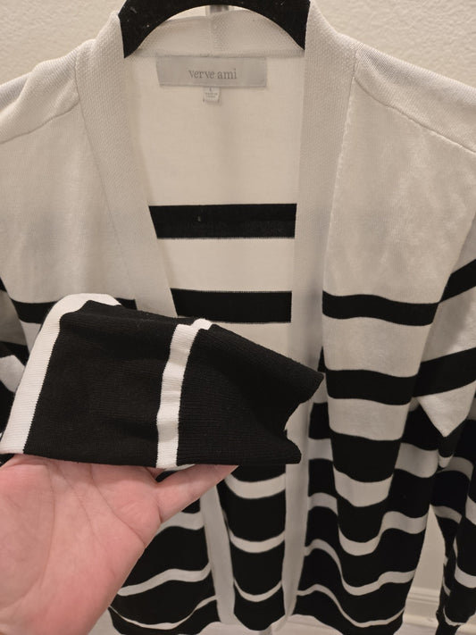 Verve Ami L Coastal Grandmother Cardigan Striped Open Front Quiet Luxury B/W