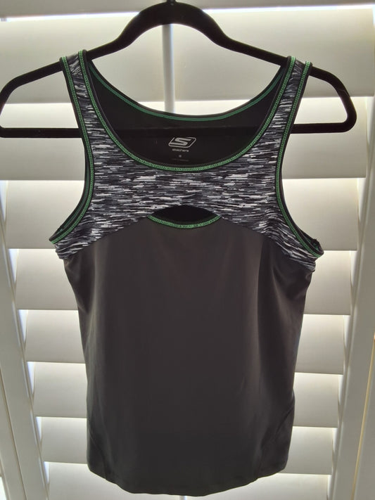 Skechers GOdry Black Gray Heathered Athletic Tank Top Keyhole Green Trim M Women