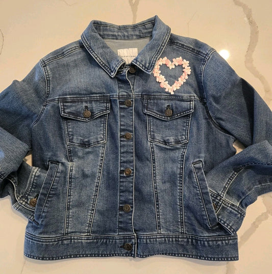Celebrity Pink Embroidered Floral Heart Denim Trucker Jacket L Collared Y2K