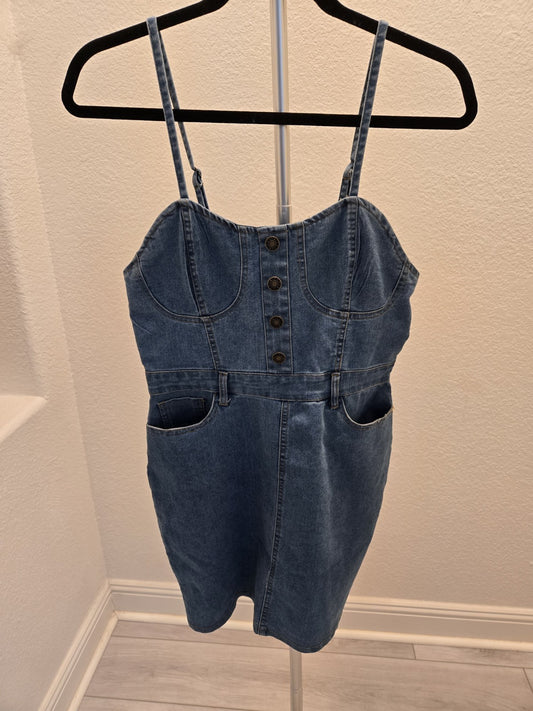 Heart & Heels Medium Denim Bustier Dress Button Sweetheart Stretch Jean Mini M