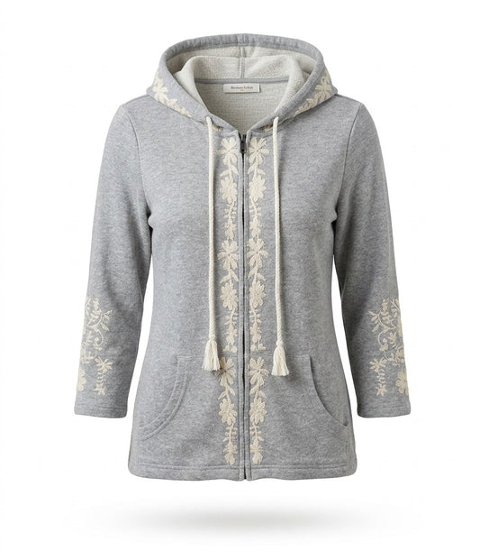 Newbury Kustom Gray Floral Embroidered Zip Up Hoodie Sweatshirt Cottagecore Boho