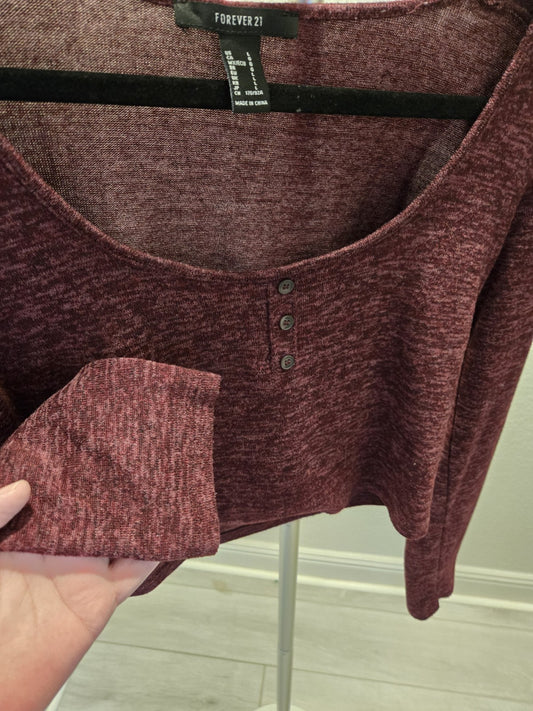 Forever 21 L Henley Crop Top Womens Burgundy Space Dye Long Sleeve Knit Shirt