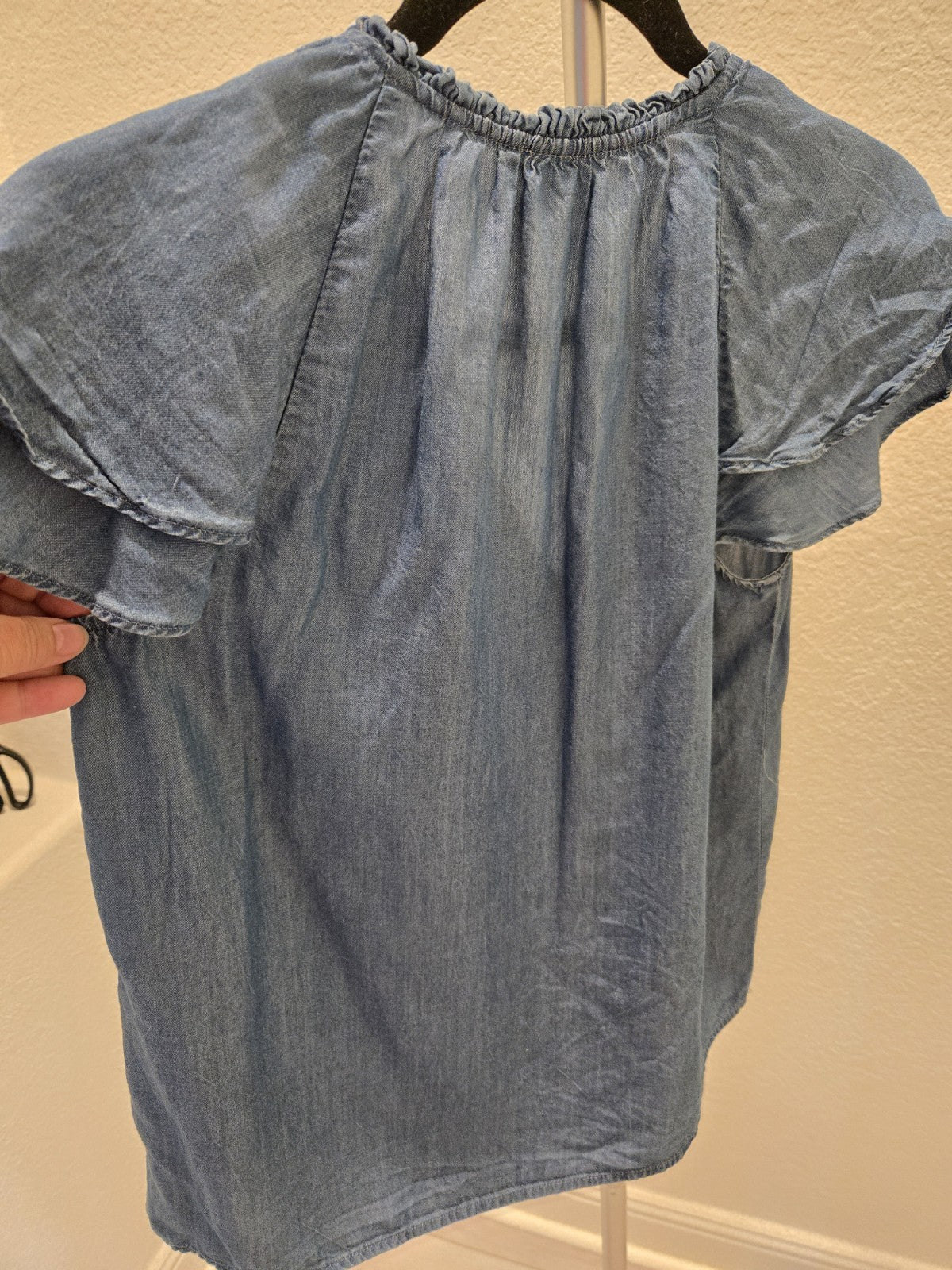 Old Navy Small Chambray Flutter Sleeve Tassel Tie Peasant Denim Top Women's