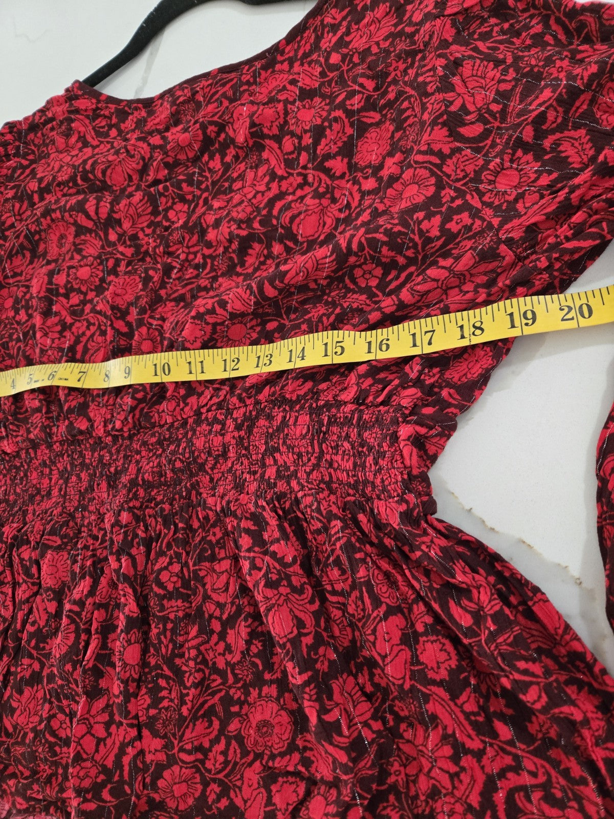 Knox Rose XL Floral Faux Wrap Blouse Womens Red Black Metallic Lurex Peplum Top
