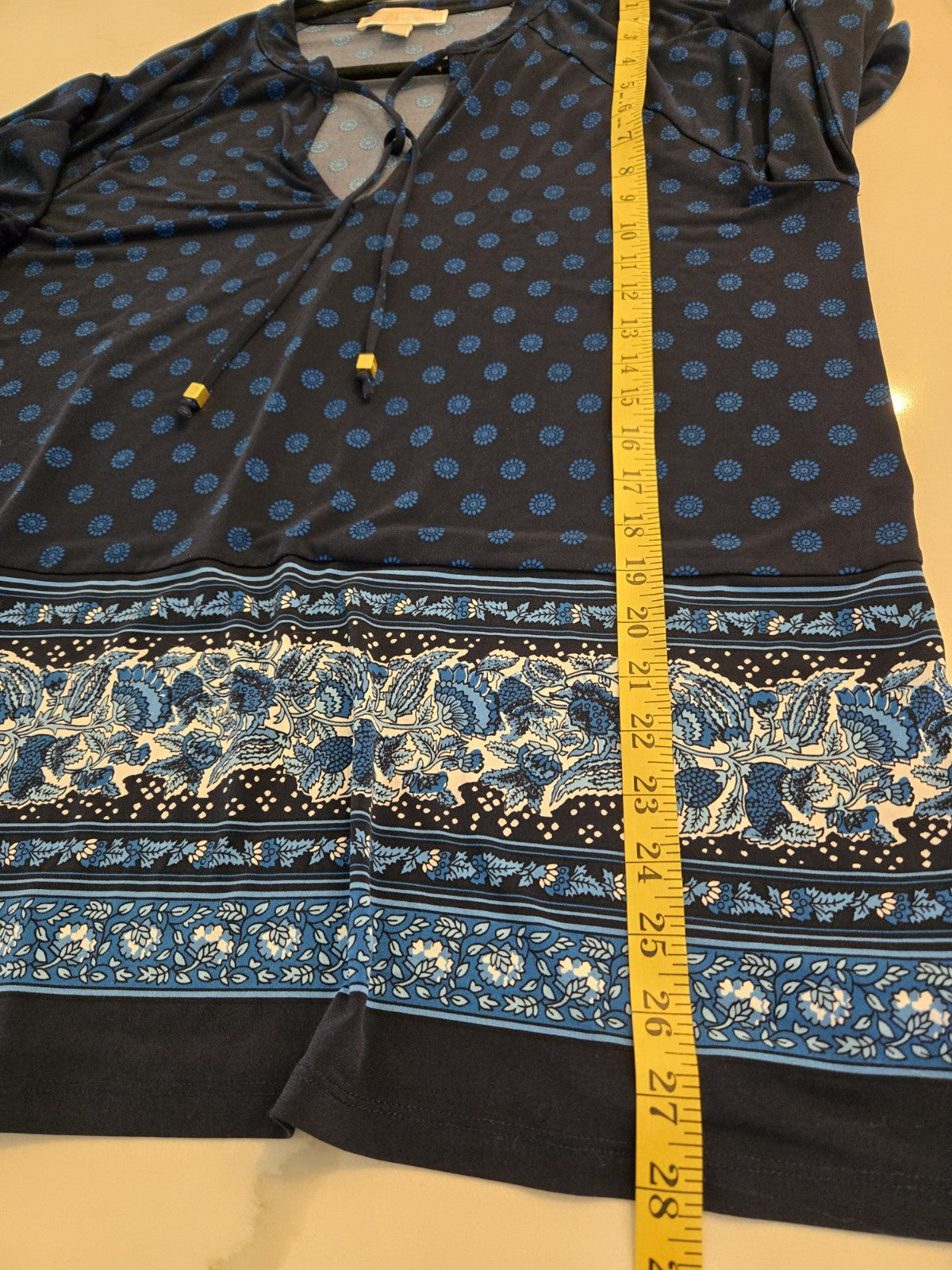 Michael Kors XL Blue Medallion Border Print Tunic Blouse Gold Tie Neck Jersey