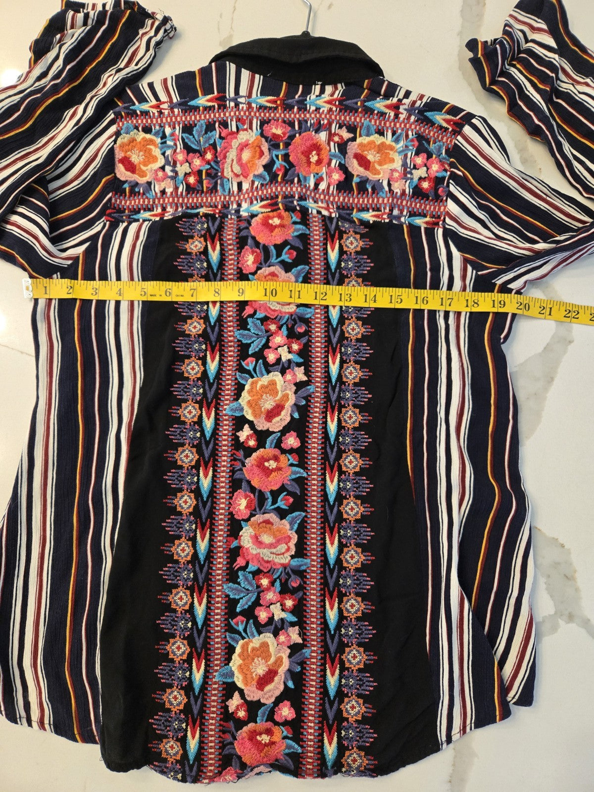 Andree by Unit Western Boho Embroidered Lace Up M Striped Blouse