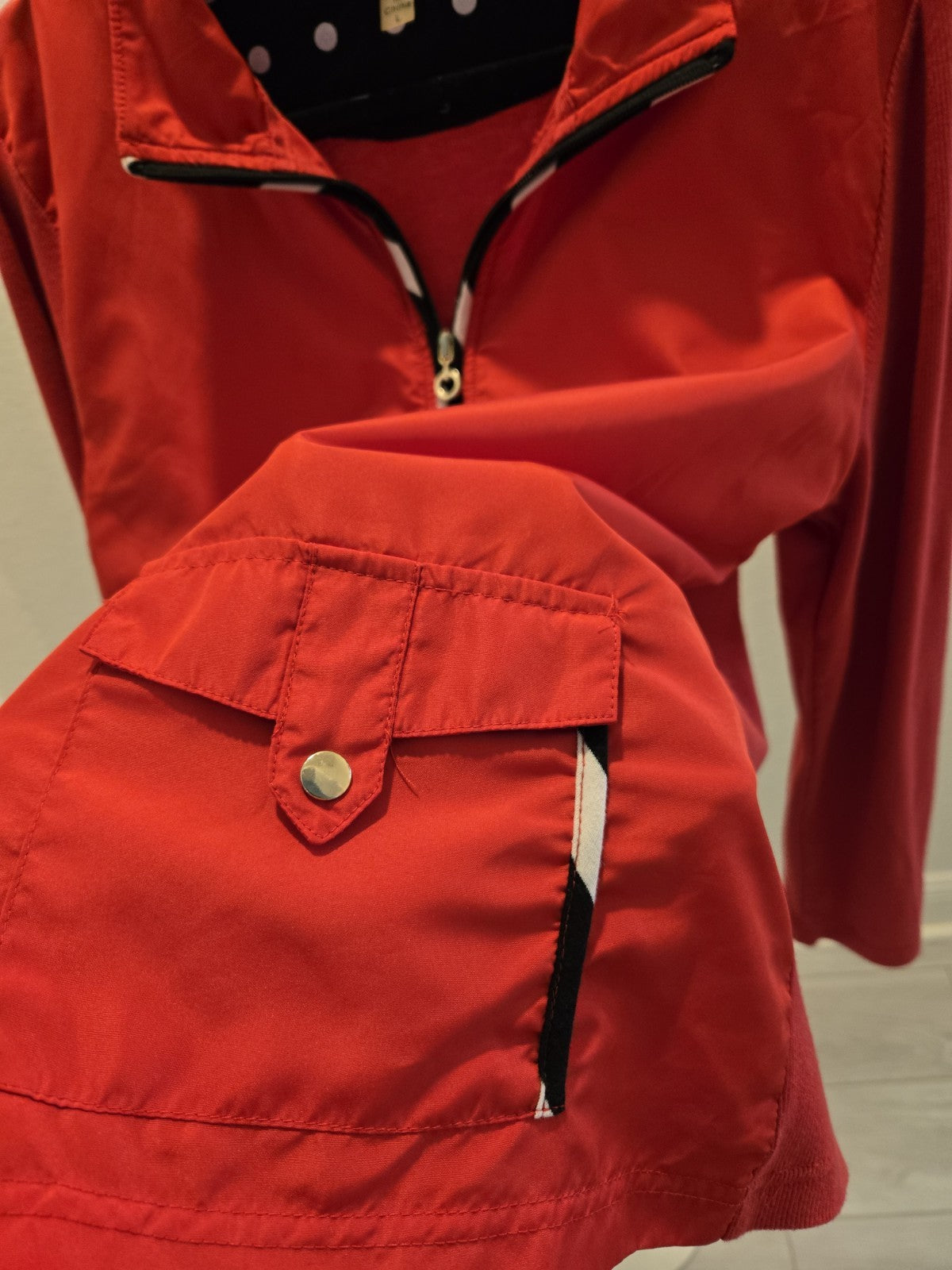 Onque Casuals L Red Zip Up Polka Dot Collar Ribbon Trim Ribbed Sleeve Jacket