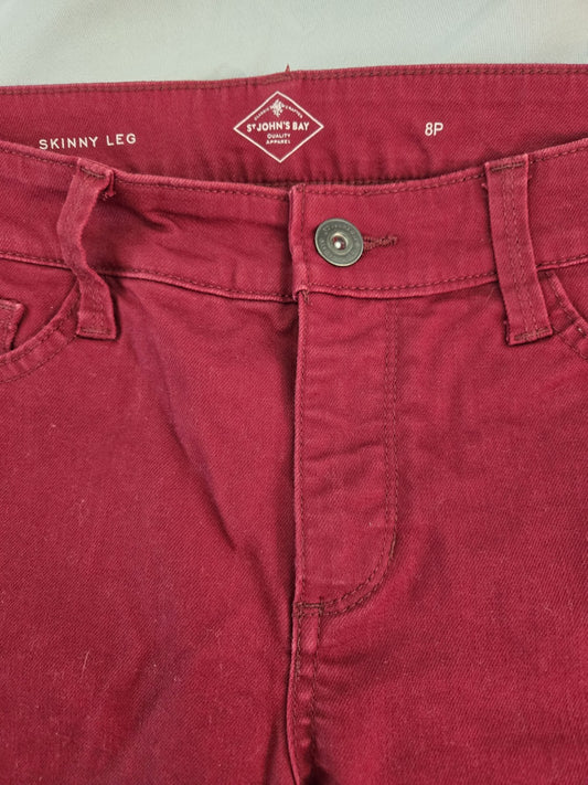 St John's Bay 8P Petite Burgundy Skinny Leg Stretch Denim Jeans Pants Wine Red