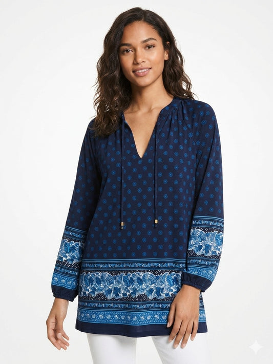 Michael Kors XL Blue Medallion Border Print Tunic Blouse Gold Tie Neck Jersey