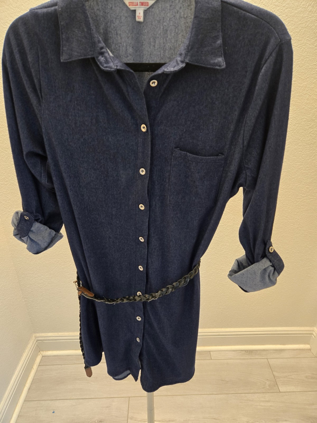 Stella Tweed Denim Shirt Dress M Womens Dark Wash Roll Tab Sleeve Belted Button