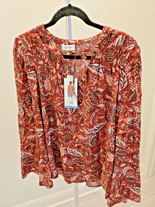 Jessica Simpson L NWT Leslie Boho Blouse Rust Paisley Keyhole Tie Neck $69.50