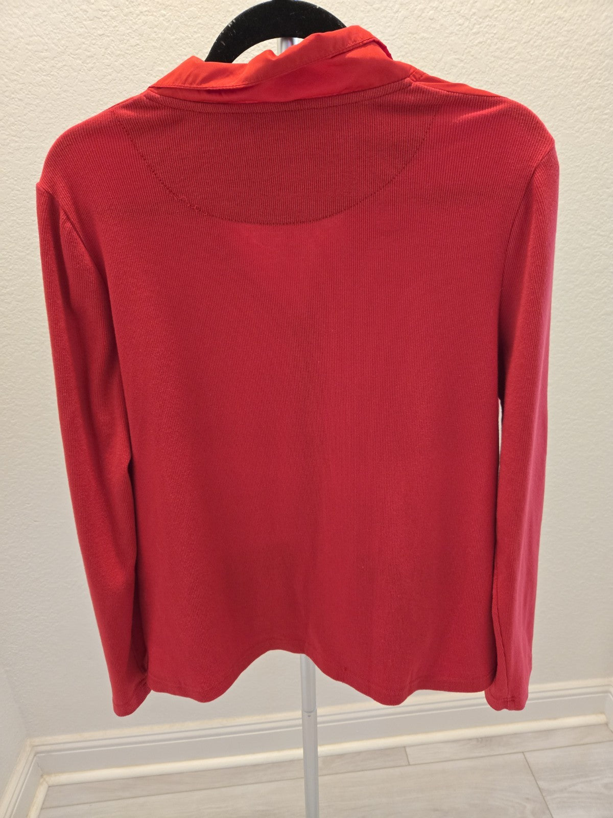 Onque Casuals L Red Zip Up Polka Dot Collar Ribbon Trim Ribbed Sleeve Jacket