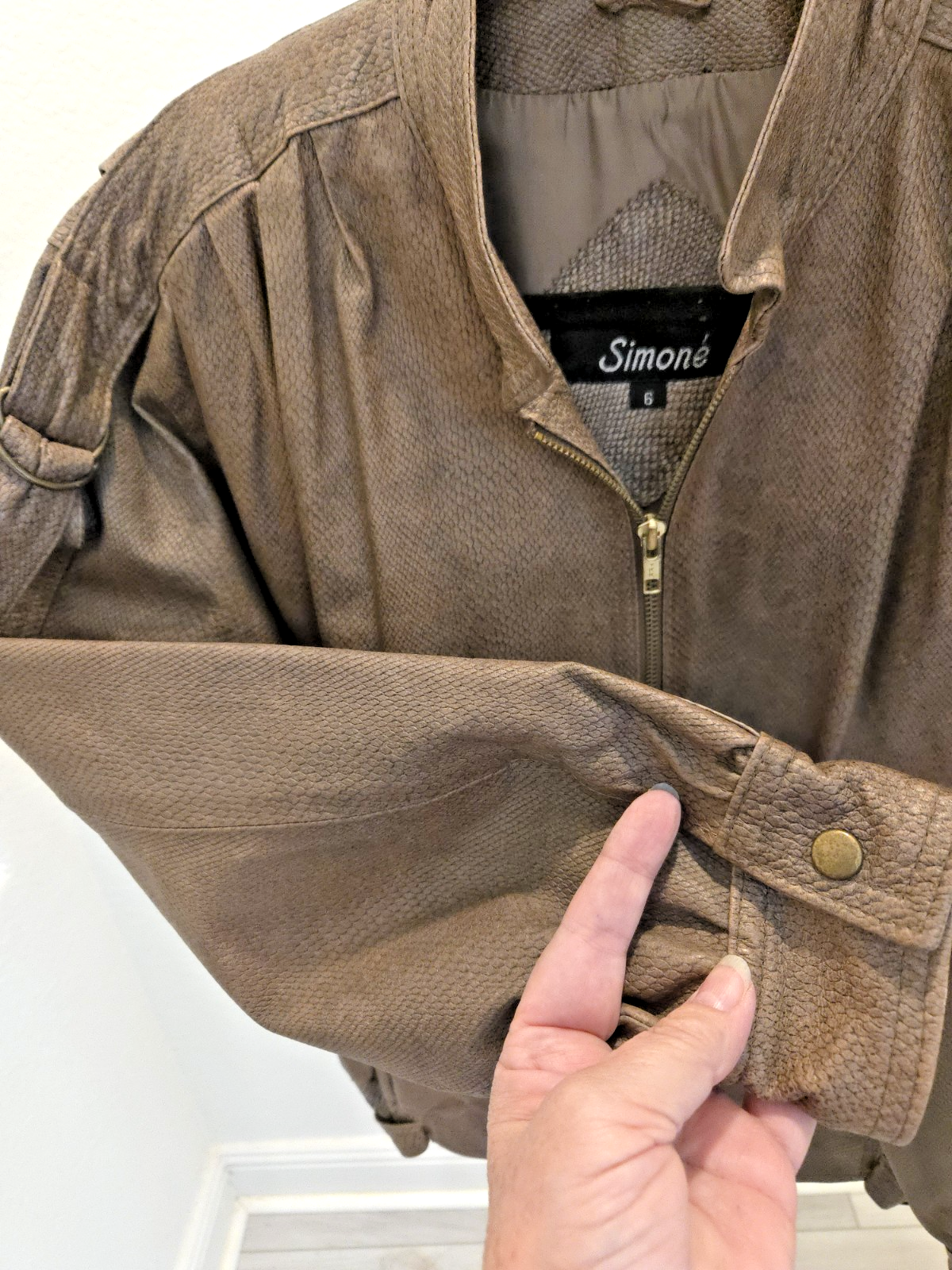 Simoné 6 Small Vintage Snake / Reptile Leather Zip-Up Pockets Lined Brown Jacket