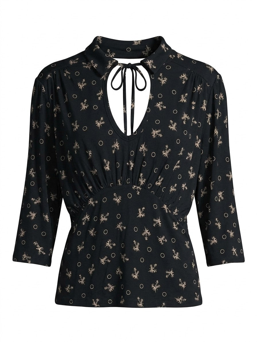 Free People Large Black Floral Circle Keyhole Tie Neck Ruffle Ruched Unique Top
